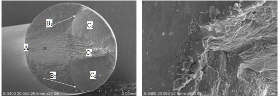 圖11-101 斷口正面宏觀形貌 圖11-102疲勞源區（A1區）微觀形貌